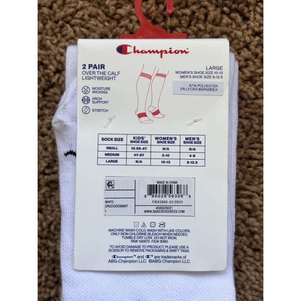 Champion White Lightweight Moisture Wicking Over the Calf Socks NEW - 2 Pack NWT